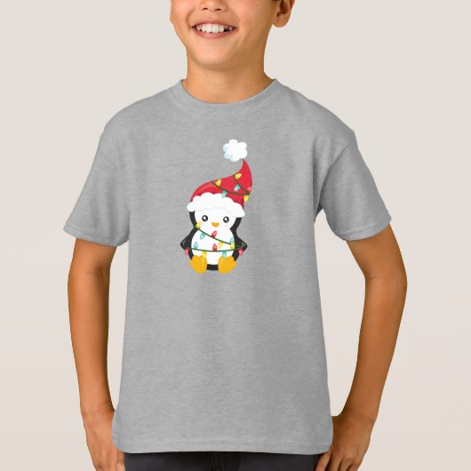 Kerstpinguïn, Santa Hat, kerstlampjes T-shirt (Voorkant)