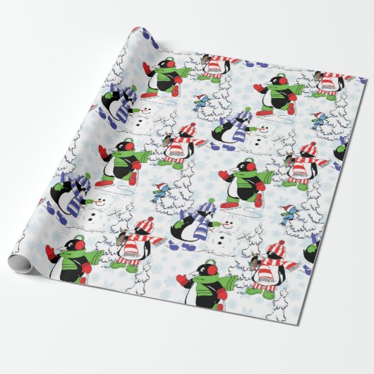 kerstpinguïn schaatsen cadeaupapier (Uitgerold)