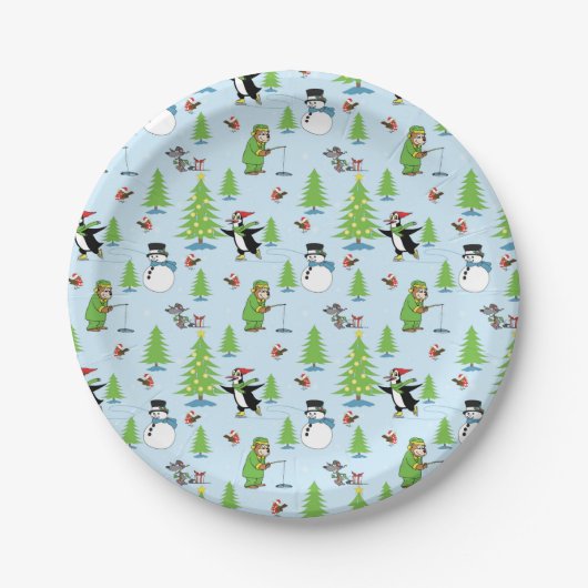 Kerstpinguïn schaatsen en beren vissers papieren bordje (Voorkant)