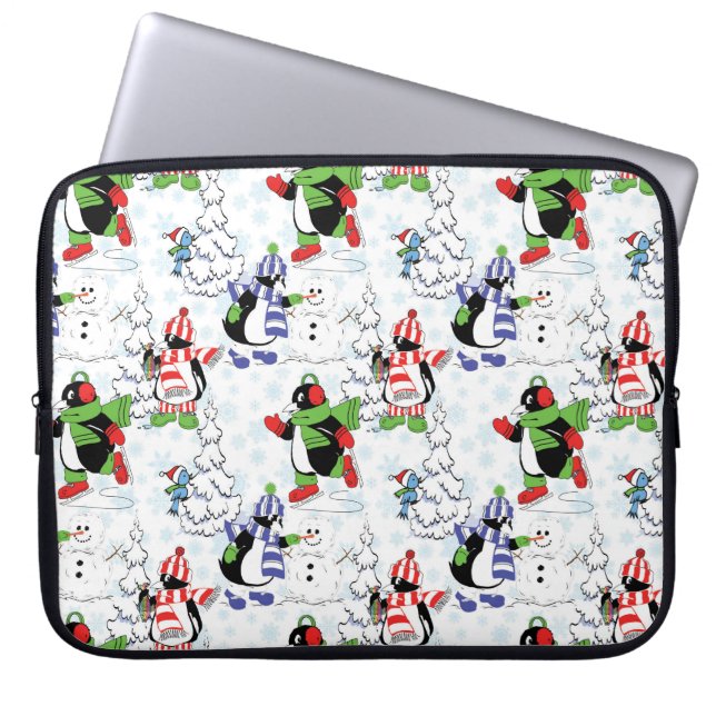 kerstpinguïn schaatsen laptop sleeve (Voorkant)