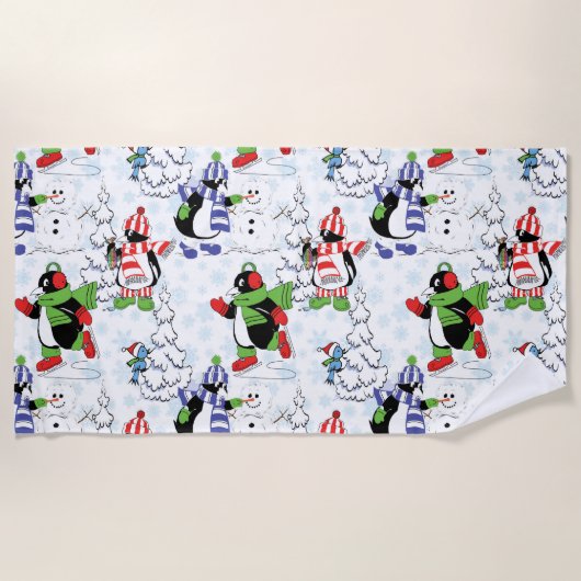 kerstpinguïn schaatsen strandlaken (Voorkant)