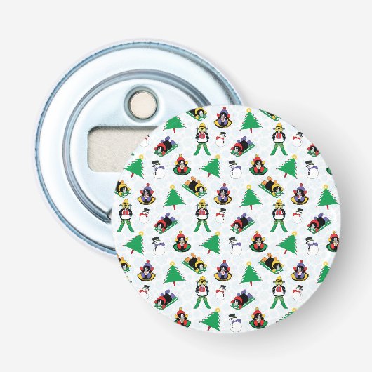 kerstpinguïn skiën button flesopener (Voorkant)