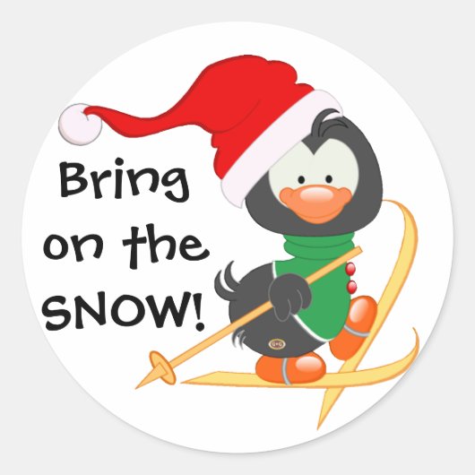 kerstpinguïn Skiing Snow Ronde Sticker (Voorkant)