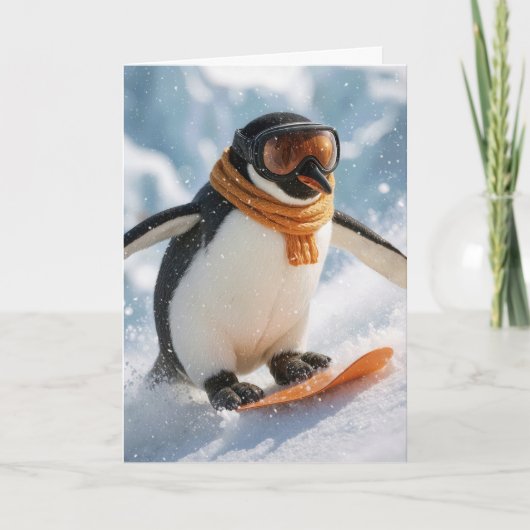 Kerstpinguïn Snowboarden Bergafwaarts Kaart (Voorkant)