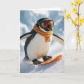 Kerstpinguïn Snowboarden Bergafwaarts Kaart (Gele Bloem)