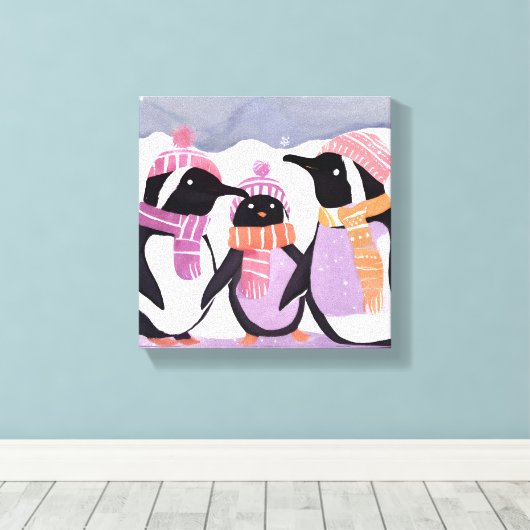 Kerstpinguïn Vrienden | Waterverf in de winter Canvas Afdruk (Insitu (Houten vloer))