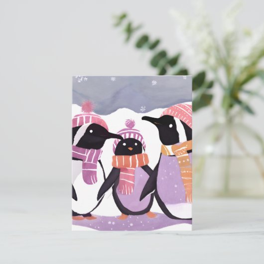 Kerstpinguïn Vrienden | Waterverf in de winter Feestdagenkaart (Staand voorkant)
