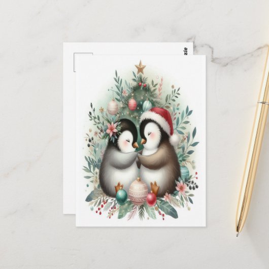 Kerstpinguïns 4 briefkaart (Voorkant / Achterkant in situ)