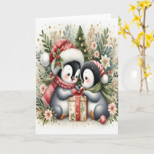 Kerstpinguïns 5 kaart (Gele Bloem)
