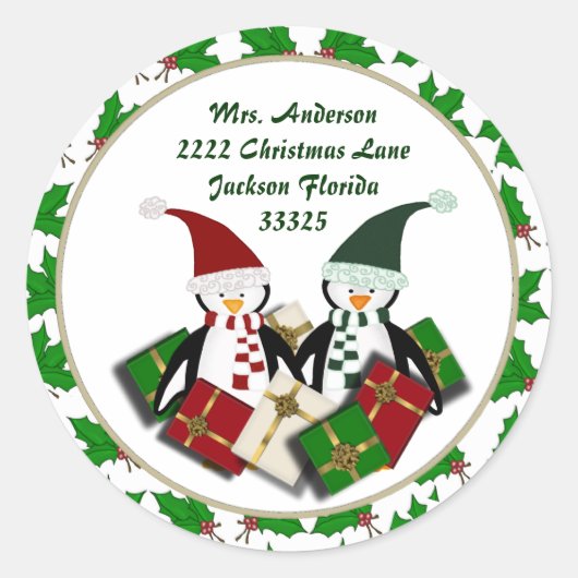 Kerstpinguïns en Holly Adres Stickers (Voorkant)