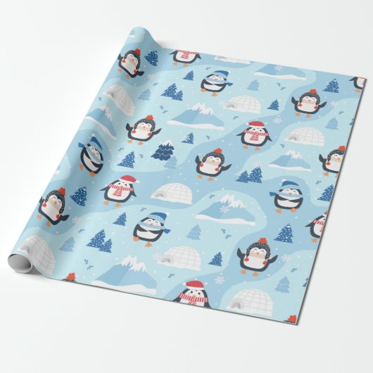 Kerstpinguïns en Igloos Cadeaupapier (Uitgerold)