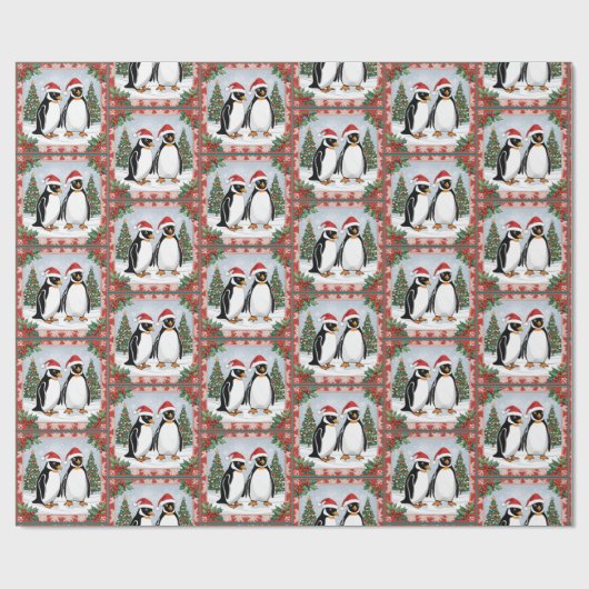 Kerstpinguïns en kerstbomen cadeaupapier (Vlak)