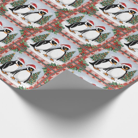 Kerstpinguïns en kerstbomen cadeaupapier (Hoek)
