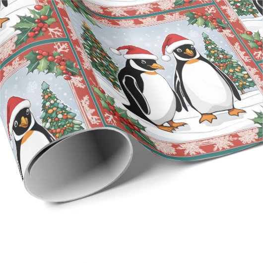 Kerstpinguïns en kerstbomen cadeaupapier (Rol Hoek)