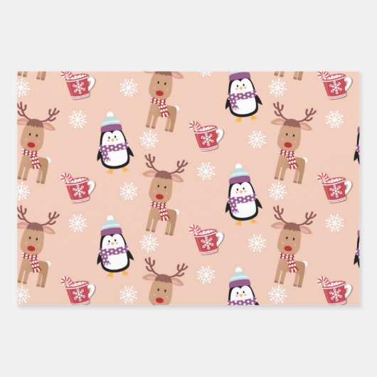 Kerstpinguïns en rendieren inpakpapier vel (Voorkant 2)