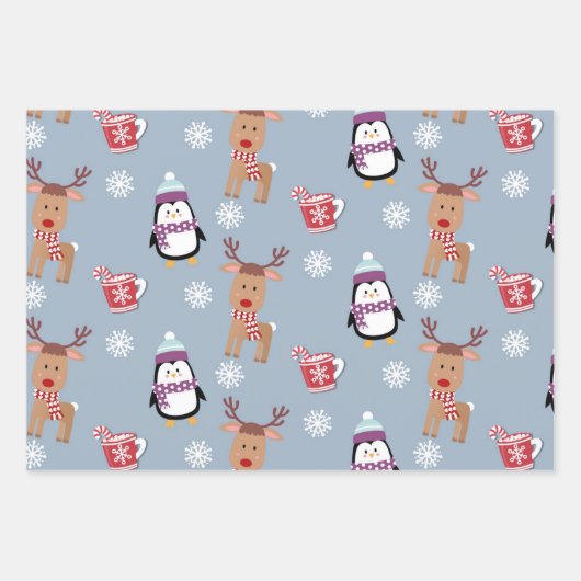 Kerstpinguïns en rendieren inpakpapier vel (Voorkant)