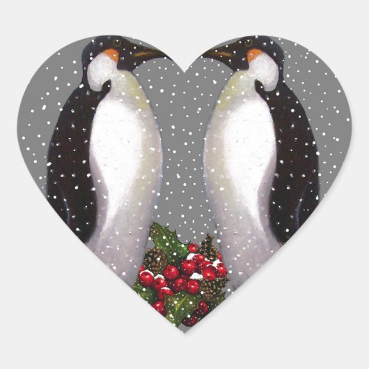 Kerstpinguïns in sneeuw, Holly: Kunst Hart Sticker (Voorkant)