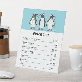 Kerstpinguïns op Blauw - Kerst Prijslijst Reclamebord Met Voetstuk