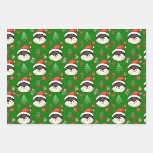 Kerstpinguïns, Ornamenten en geschenken groen Inpakpapier Vel (Voorkant 3)