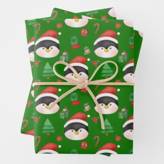 Kerstpinguïns, Ornamenten en geschenken groen Inpakpapier Vel (In situ)