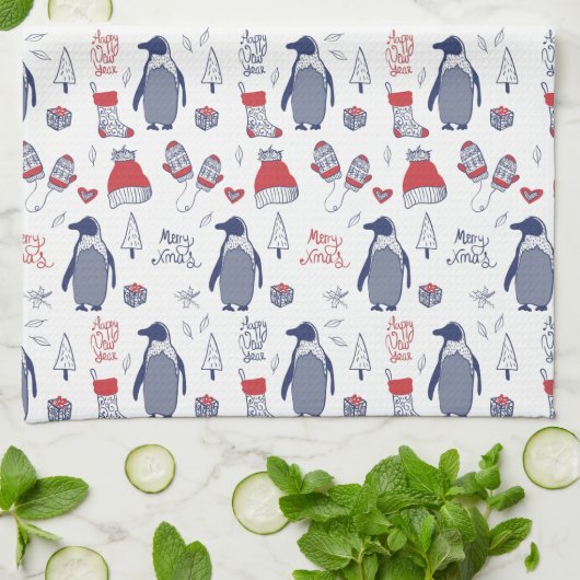 Kerstpinguïns Petten handschoenen Theedoek (Gevouwen)