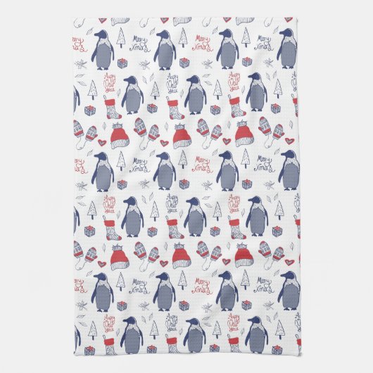 Kerstpinguïns Petten handschoenen Theedoek (Verticaal)