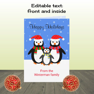 Kerstpinguïns prettige feestdagen bewerkbare tekst kaart