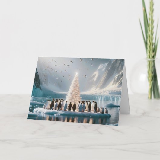 Kerstpinguïns rond een witte boom feestdagen kaart (Voorkant)