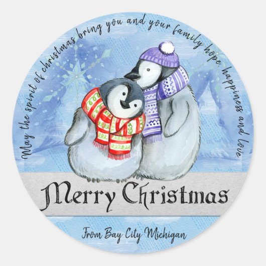 Kerstpinguïns Ronde Sticker (Voorkant)