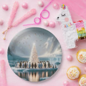 Kerstpinguïns verzamelen zich rond een boom papieren bordje (Feest)