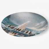 Kerstpinguïns verzamelen zich rond een boom papieren bordje (Gekanteld)