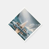 Kerstpinguïns verzamelen zich rond een boom servet (Hoek)