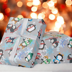 Kerstpinguïns wintersport Schattige Grappig Cadeaupapier