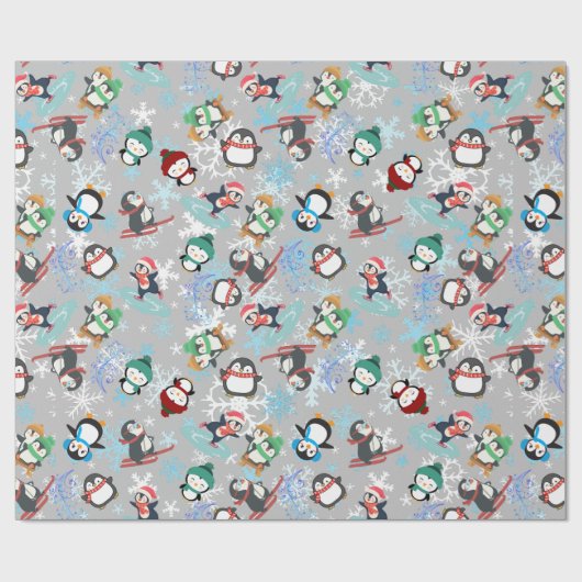 Kerstpinguïns wintersport Schattige Grappig Cadeaupapier (Vlak)