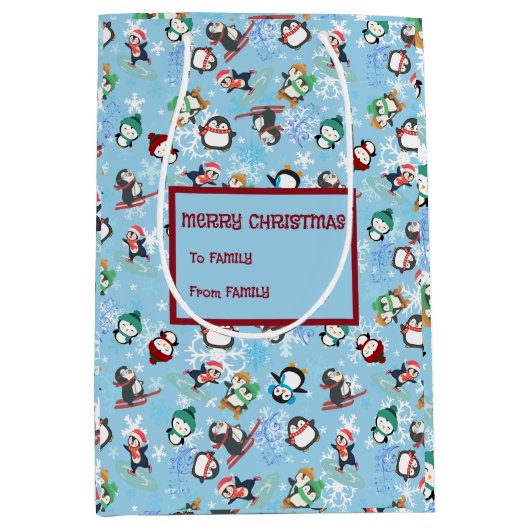 Kerstpinguïns wintersport Schattige Grappig Medium Cadeauzakje (Voorkant)