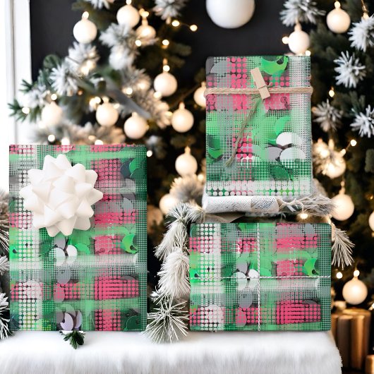 Kerstplaid groen rood grijs glitter pailletten inpakpapier vel