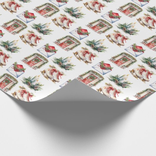 Kerstplezier op witte achtergrond cadeaupapier (Hoek)