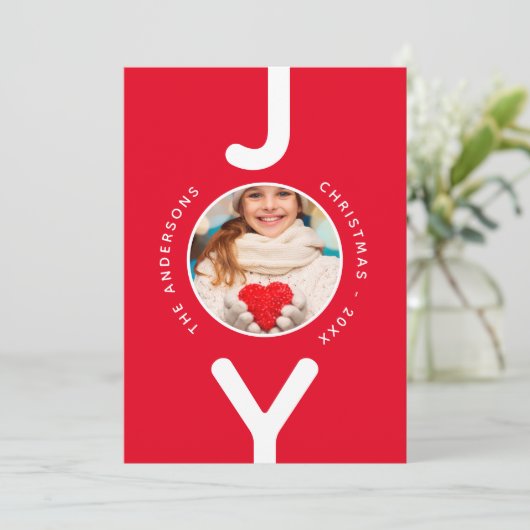 Kerstplezier rode witte eenvoudige fotokaart (Staand voorkant)