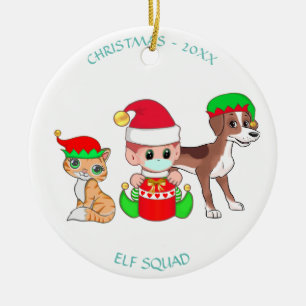 Kerstploeg, baby elf, kat & hond keramisch ornament