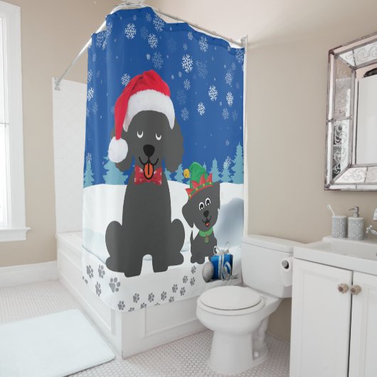 Kerstpoedel en puppy in de sneeuw douchegordijn (In situ)