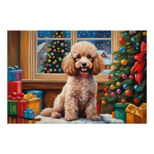 Kerstpoedel met Cadeaus en kerstboom Perfect Poster