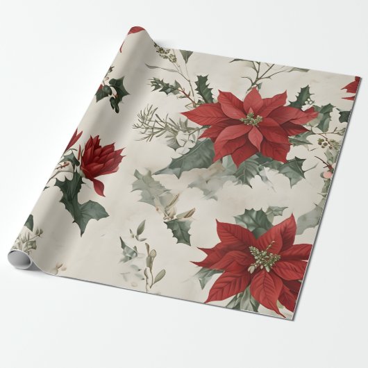 Kerstpoinsettia Cadeaupapier (Uitgerold)