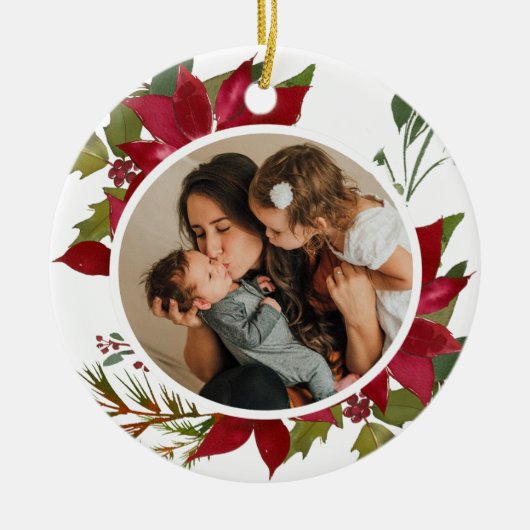 Kerstpoinsettia Joyeux Noël Foto Keramisch Ornament (Voorkant)