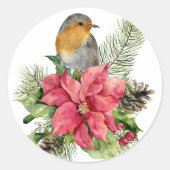 Kerstpoinsettia met vogels ronde sticker (Voorkant)