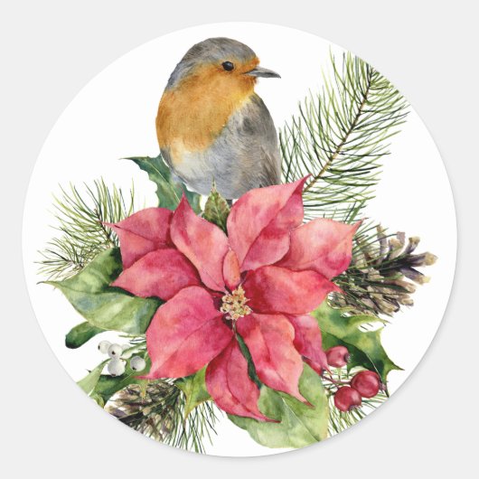 Kerstpoinsettia met vogels ronde sticker (Voorkant)