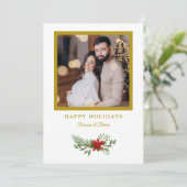 Kerstpoinsettias Foto Golden Effect Feestdagenkaart (Staand voorkant)