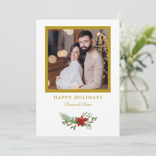 Kerstpoinsettias Foto Golden Effect Feestdagenkaart (Staand voorkant)