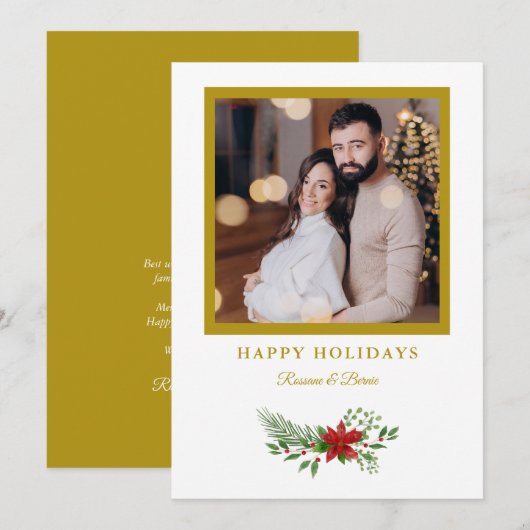 Kerstpoinsettias Foto Golden Effect Feestdagenkaart (Voorkant / Achterkant)