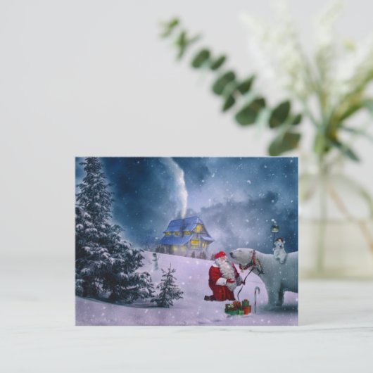 Kerstpoly Beer Santa Snow Scene Briefkaart (Staand voorkant)