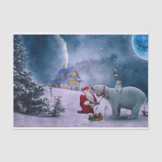 Kerstpoly Beer Santa Snow Scene Tissuepapier (Voorkant)